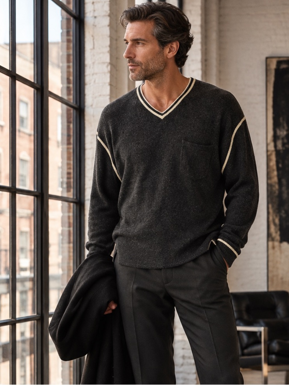 ROBERT COMSTOCK Luxury Knitwear Charcoal Gray Men's V-Neck Sweater, M
